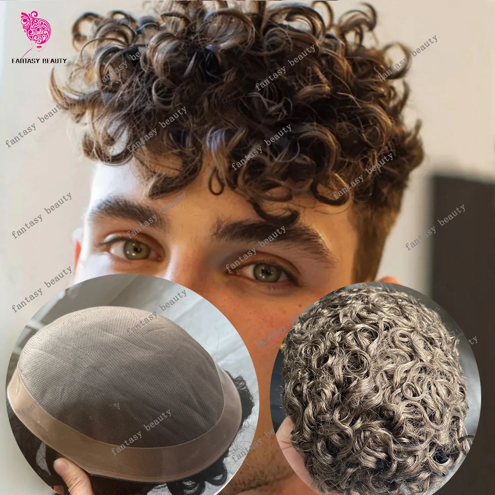 

Men's Black Brown 20mm/18mm/15mm Curly Toupee Natural Human Hair Fine Mono Mesh NPU Wigs for Hair Loss Durable Handmade System