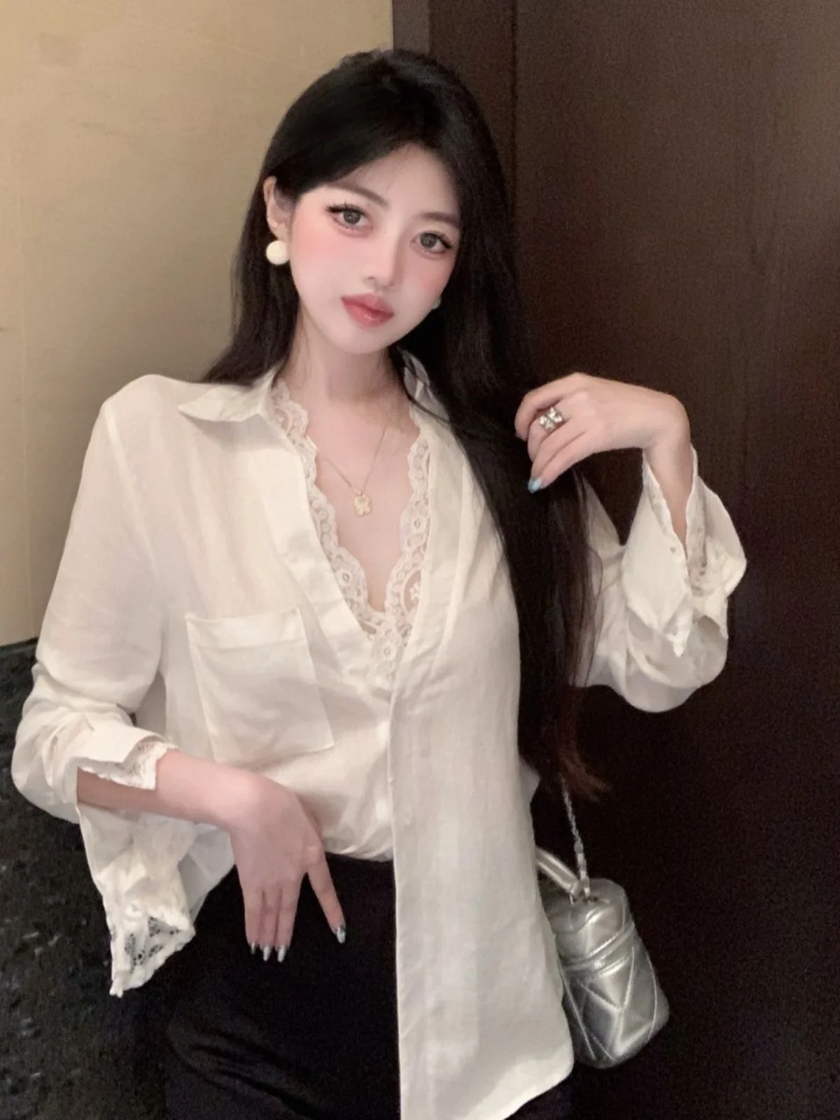 Tweedelig zonnebrandshirt voor dames in Koreaanse stijl met kanten versieringen - Sexy katoen-linnen gemengd herfstoutwear met lange mouwen