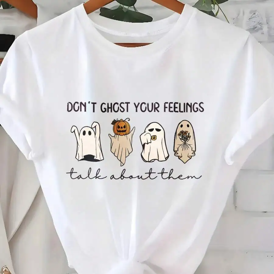 Women's Crew Neck Short Sleeve Casual T‑Shirt Halloween Ghost Pumpkin Graphic Print Tee Top