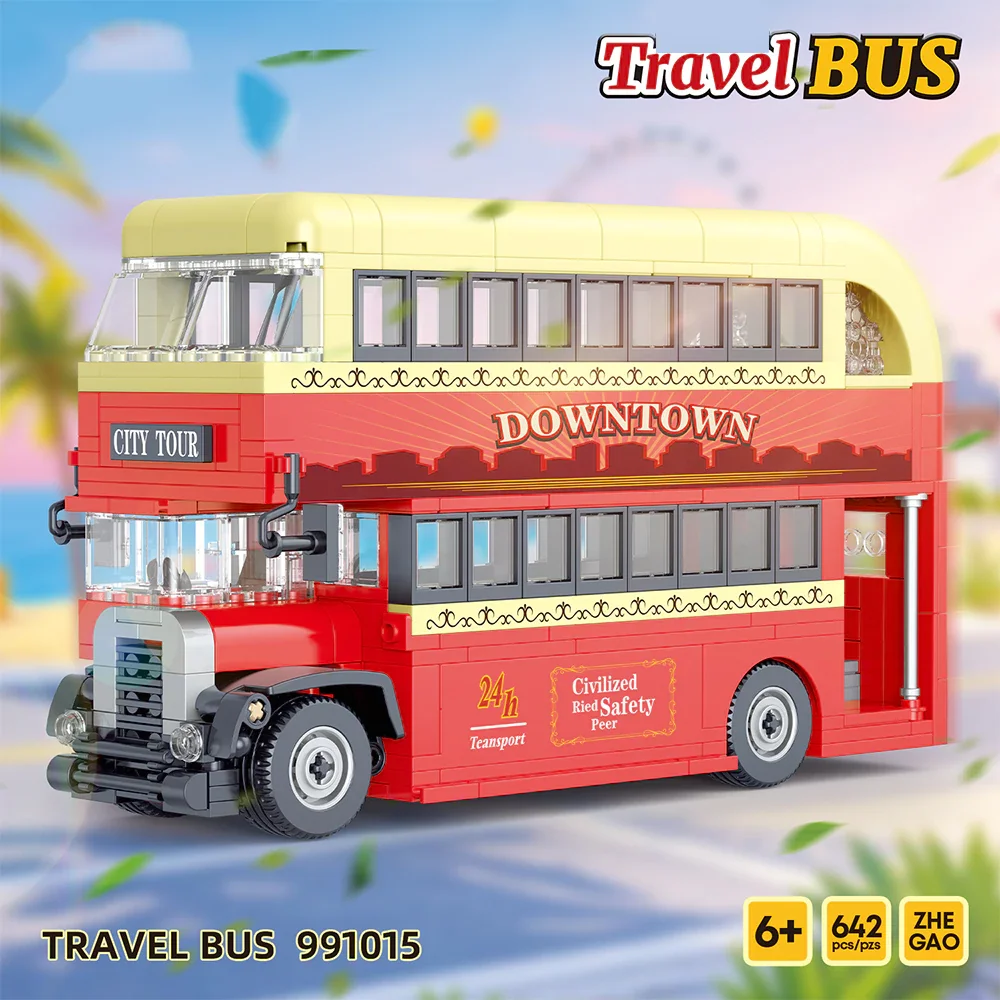 672PCS Double Travel Bus Building Blocks MOC City Retro Sightseeing Car Model Assembly Brick Puzzle Toys Children Birthday Gift