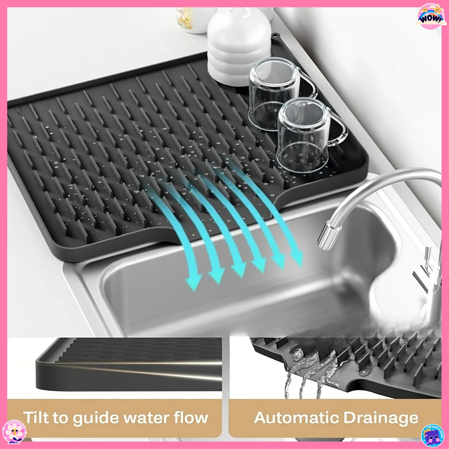 

Silicone Dish Drying Mat for Kitchen Counter No-Spill Worktop Saver Drip-Free Non-Slip Slope Drain Mat Heat-insulating Pot Pads
