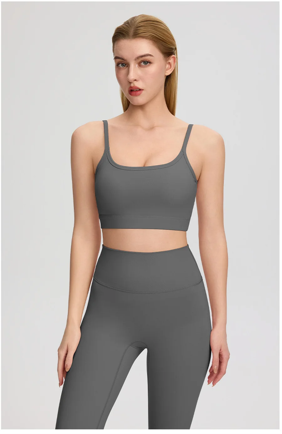 2-teiliges Damen-Yoga-Set mit dünnen Trägern, Sport-BH, hochtaillierten, eng anliegenden Leggings, einfarbig, weich, dehnbar, Fitness, Gym, Pilates, Activewear-Outfit – Detail 13