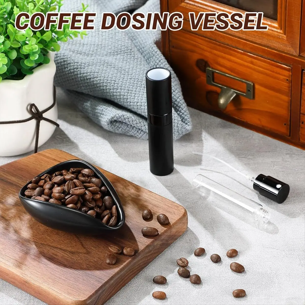 Coffee Bean Dosing Cup and RDT Bottle and Spoon 3-Piece Set, Coffee Bar Accessories, Ceramic Dosing Vessels Black &LICG