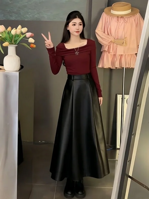 

Elegant PU Leather Long Sleeve Set for Women Spring New Style Versatile High Waist Skirt Casual Fashion Two Piece Suit