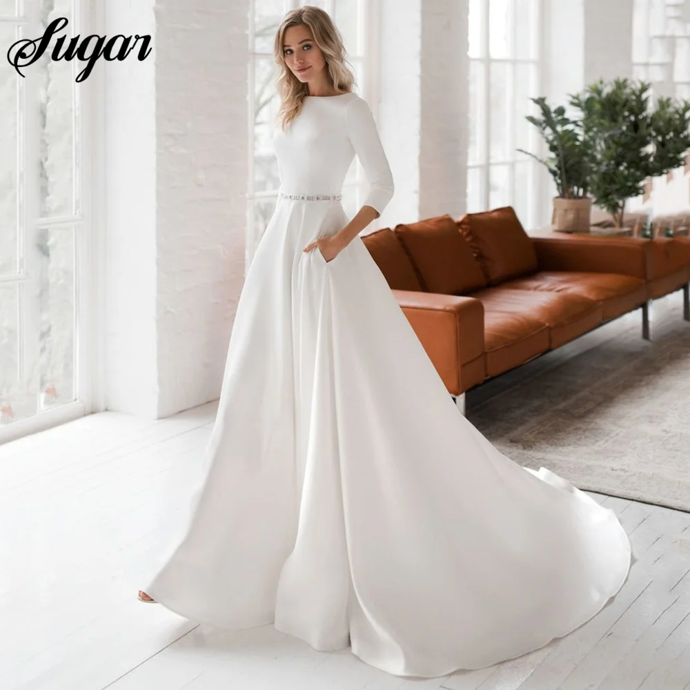 Robe de Mariée Trapèze Simple à Manches sulfpour Patients, Tenue de Cérémonie avec Ceinture à Perles, avec Poches