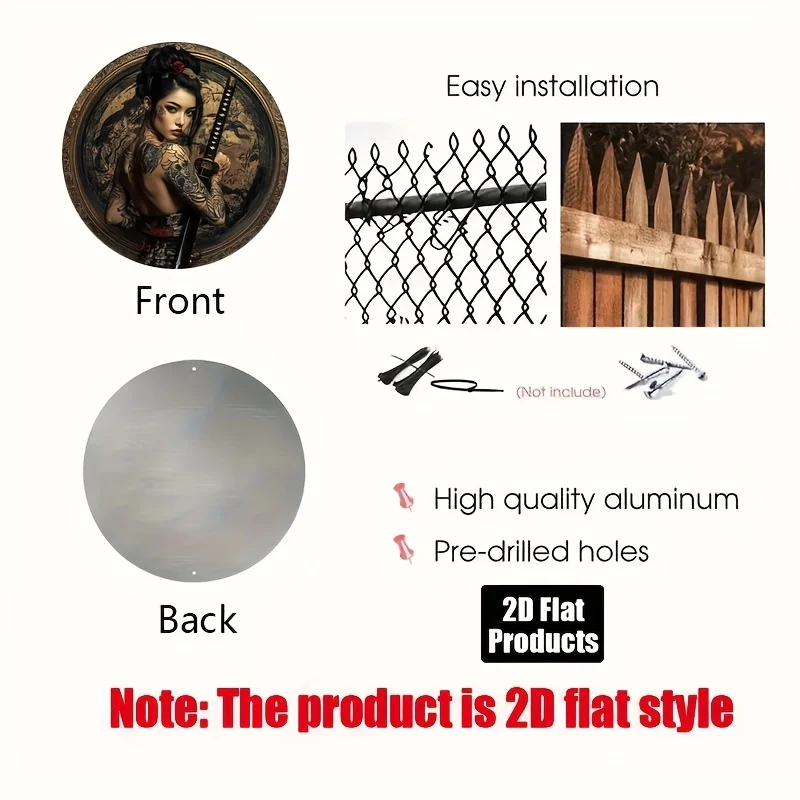 [2D Flat] 1pc, 2D Flat Print, 1pc, Round Aluminum Metal Decorative Sign, Japanese Female Warrior Theme, Suitable for Bar Kitchen