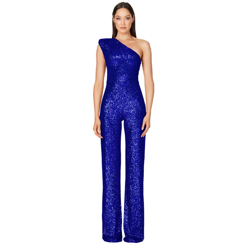 2024 European and American women's clothing Sleeveless jumpsuit Single shoulder Sequined jumpsuit