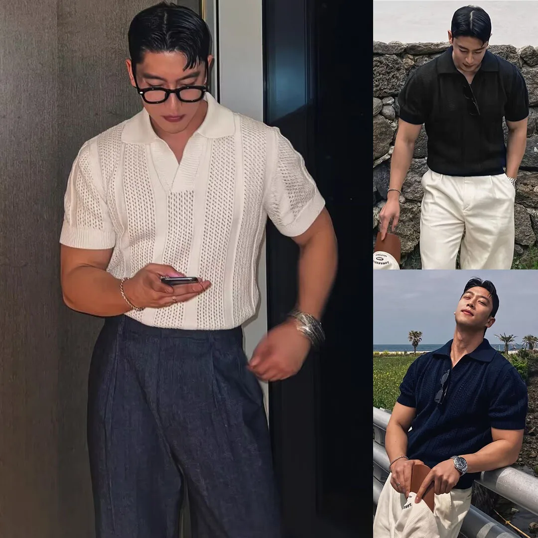 Summer V-Neck Hollow Out Ice Silk Short Sleeve Knit Polo Shirt Men's Premium Business Casual Top