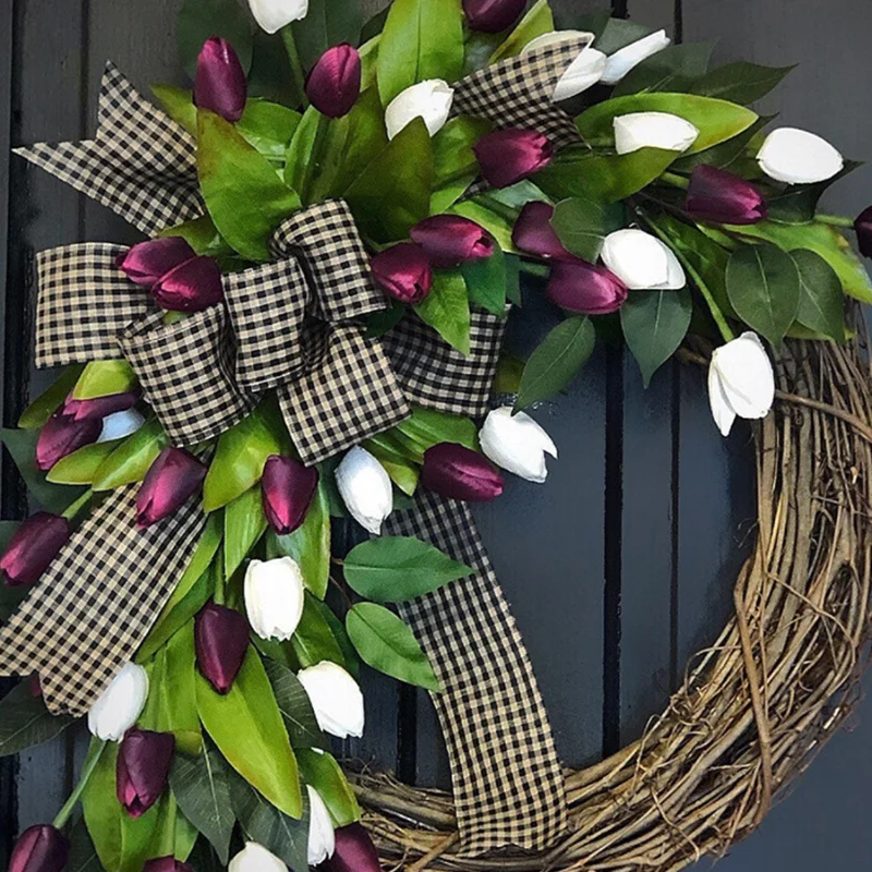 New Simulation Spring Tulip Wreath Pendant Pastoral Hydrangea Bow Simulation Garland Home Holiday Party Decoration Gift Box