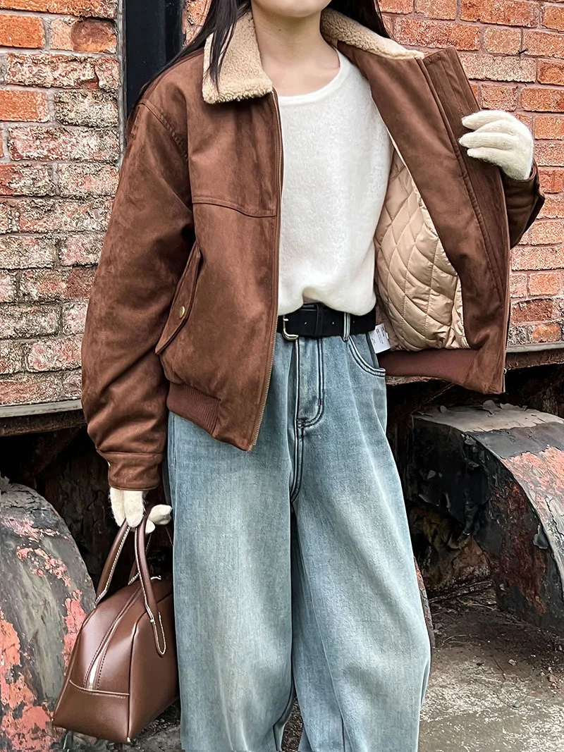 Cappotto corto patchwork con colletto in pelle scamosciata stile LIMO per donna, giacca invernale in cotone caldo