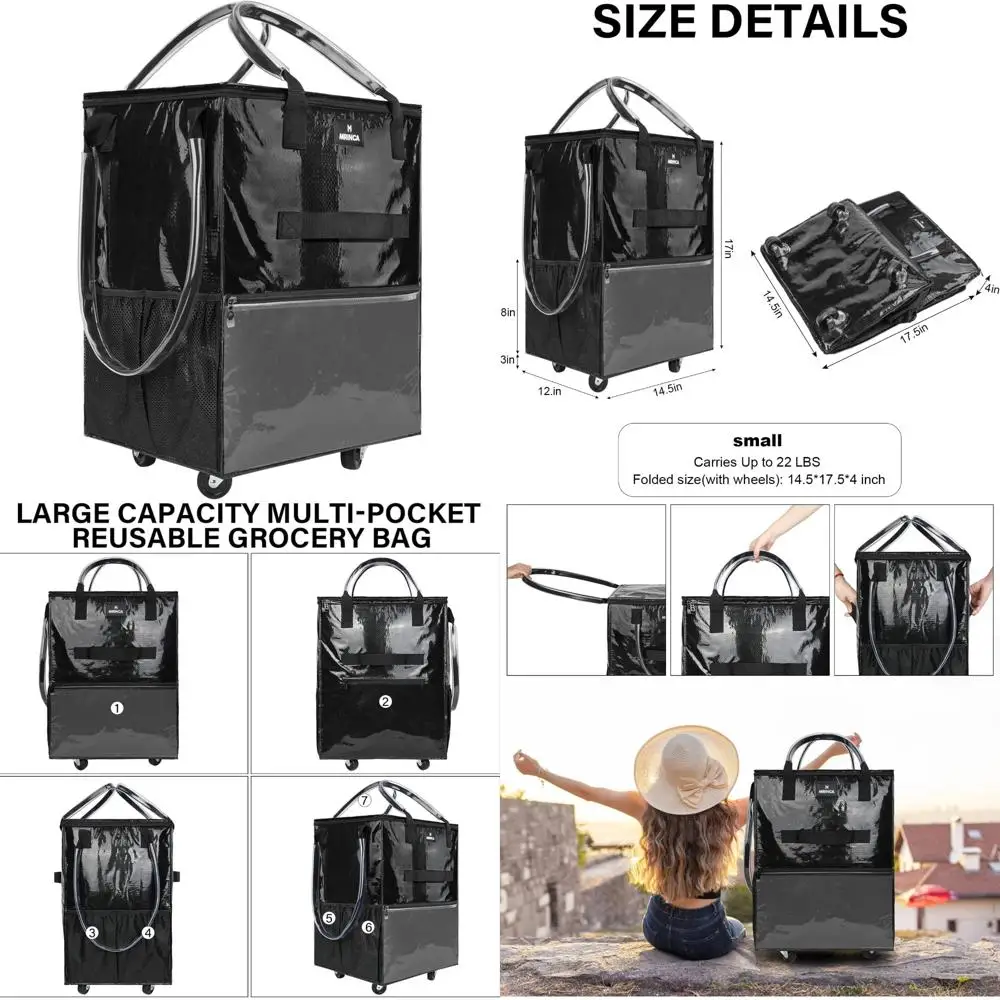 

Heavy-Duty Foldable Rolling Tote Bag with Wheels and Zippered Top for Grocery Shopping Convenience