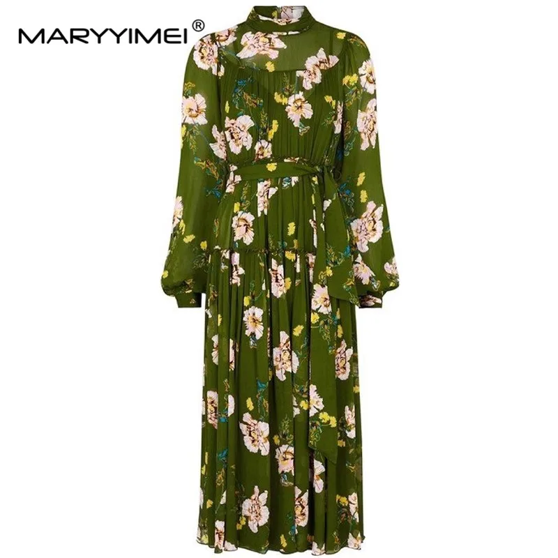 

MARYYIMEI Fashion Designer Spring Summer Women's dress Standing collar Long sleeved Floral-Print Lace up Elegant Vintage Dresses