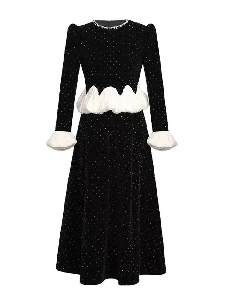 Ropa de mujer falso 2 piezas elegante de lujo de terciopelo negro de manga larga ajustado Vestido acampanado fiesta de noche Vestido de cumpleaños bata Casual