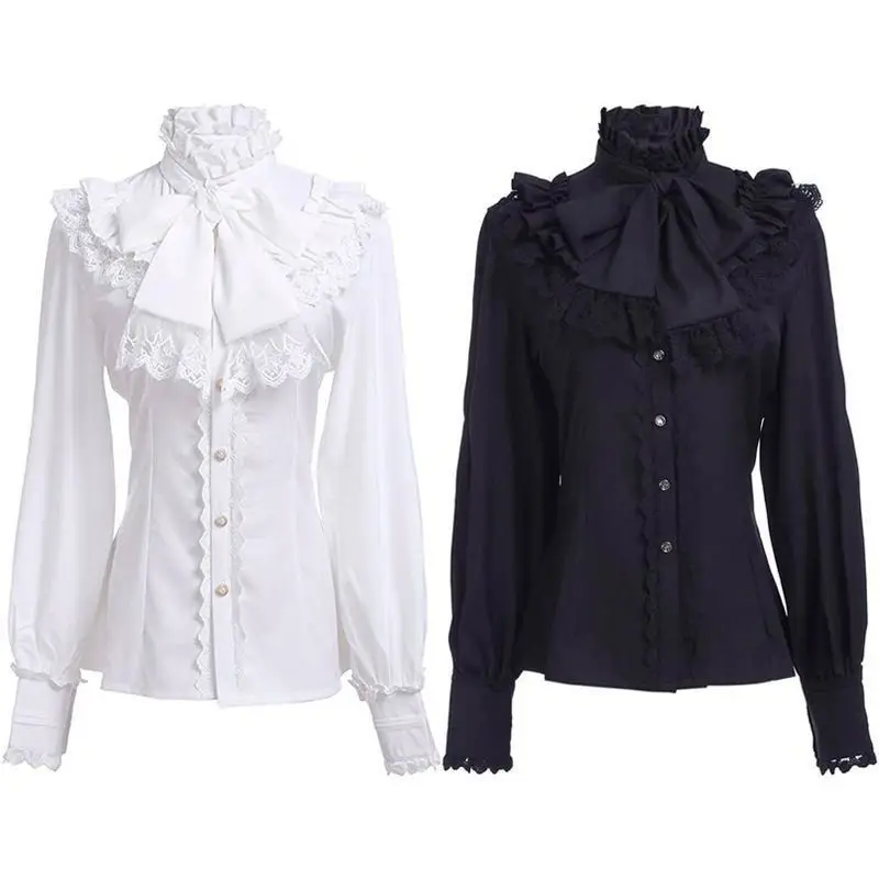 

Japanese Victorian Vintage Lolita Shirts Women Vintage Sweet Flare Long Sleeves Slim Tops Female Gothic Y2k Black White Blouses
