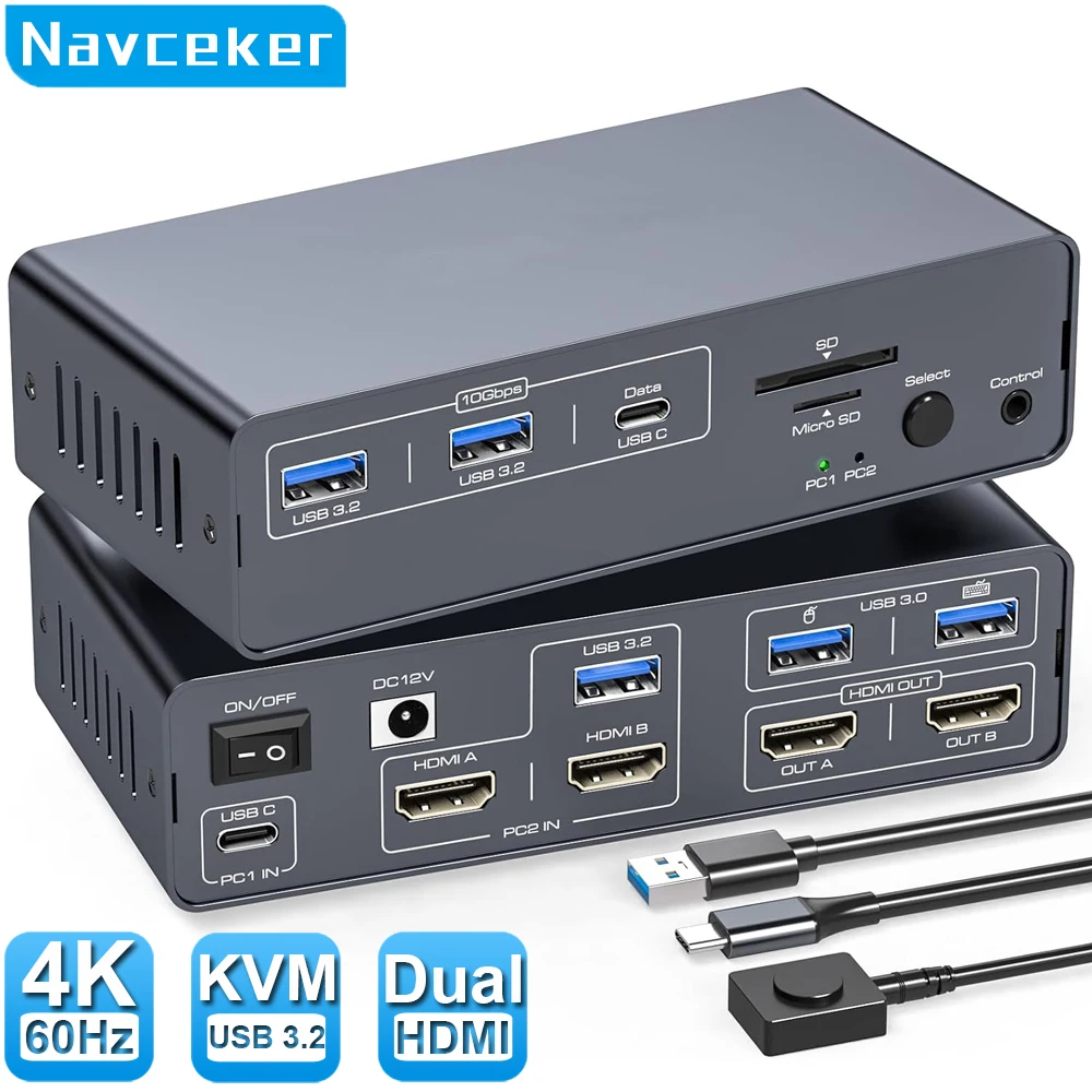 

Navceker 10Gbps USB 3.2 USB-C HDMI KVM Switch 4K 60Hz Dual Monitor Type C Switch 1 Laptop 1 Computer 2 Monitor for Macbook 2 PC