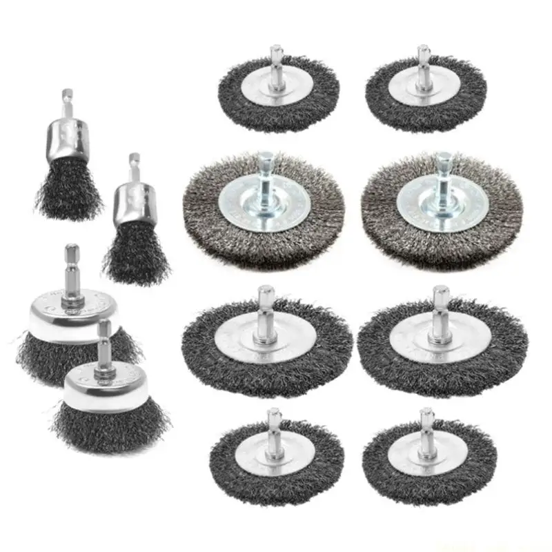 A2BE 12Pcs/set Steel Wire Wheel Brush Cup Brush Wheel Brush Pen Brush Set with Round Shank for Rust Removal Corrosion
