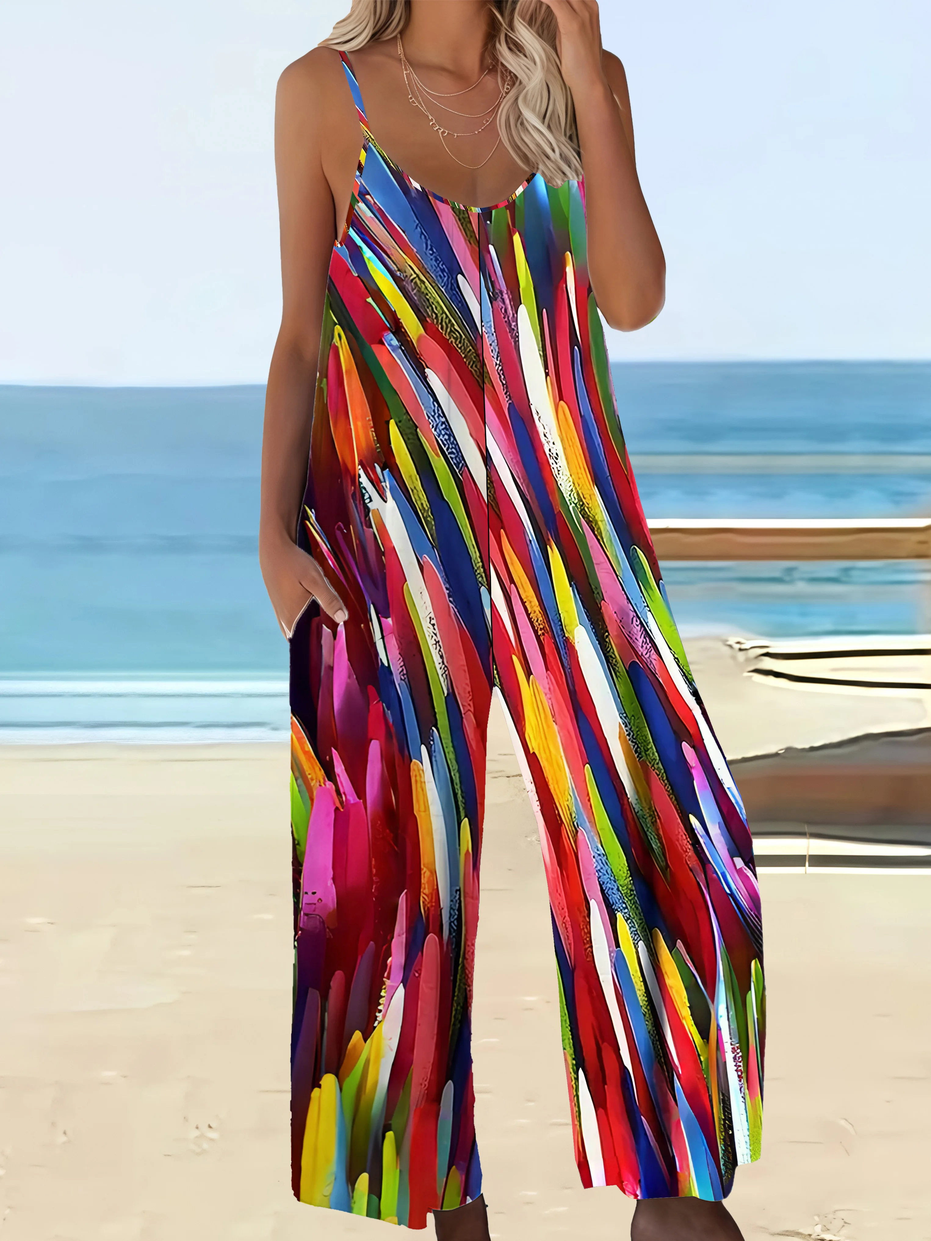 

Boho Print Elegant Loose Fit Plus Size Jumpsuit with Pockets - Stylish Women's Romper