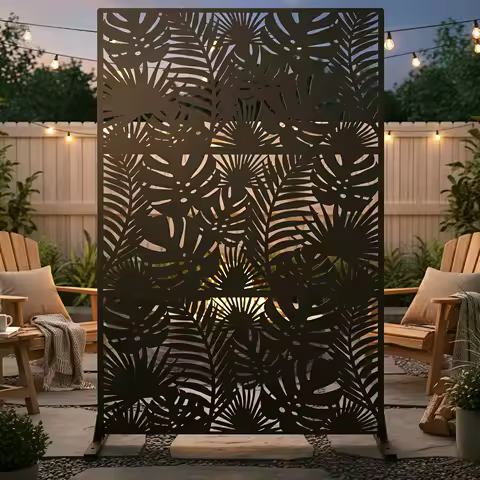 72in Metal Privacy Screen with Tropical Leaf Design, Weatherproof Steel Garden Divider for Patio Deck Backyard Balcony