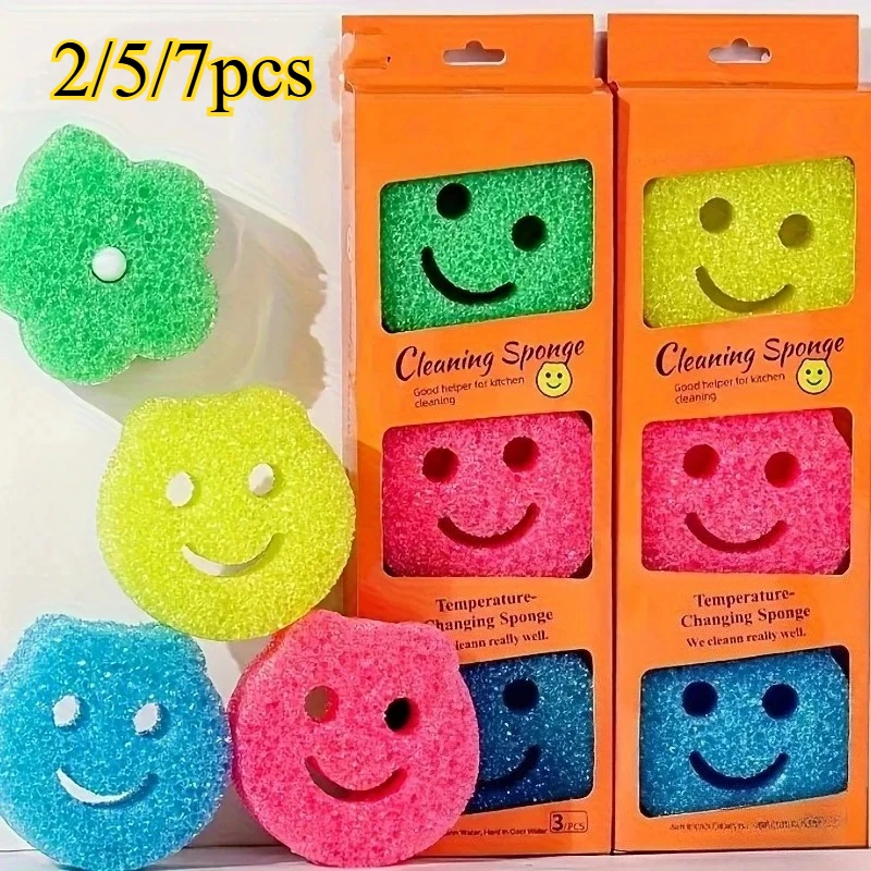 7pcs Smiley Face Temperature-Changing Cleaning Sponges，Colorful Kitchen Dishwashing Tools for Summer Grease Removal Cleaning