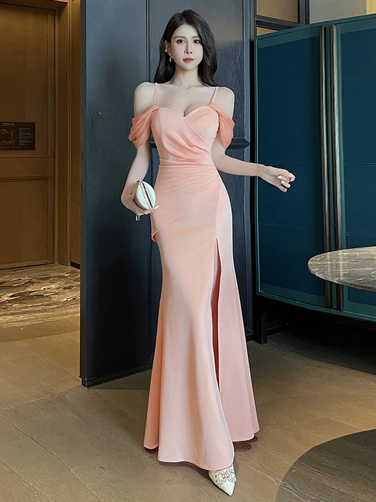 Sexy One-oulder Strap Evening Gown High Waist Knitted Fabric Long Dr for KTV Parties Cany Annual Meetings Pure Color