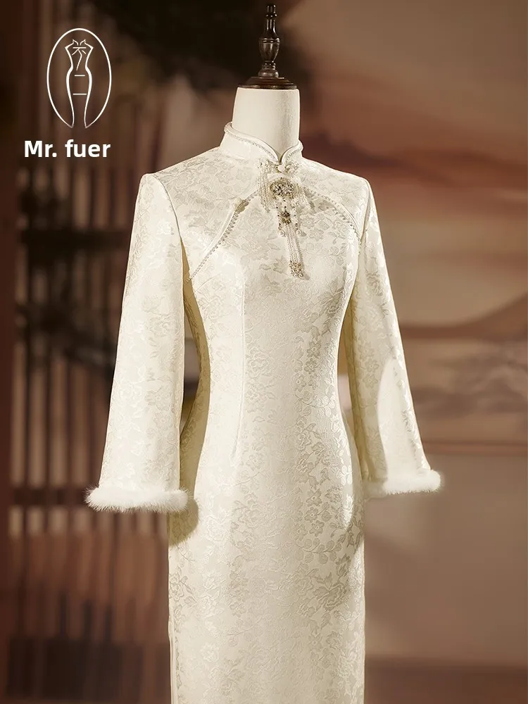 

White Qipao Dr Thiened Fce Women's New Sle Chinese Sle High-End Feeling Year End Performance Costume Midi Dr