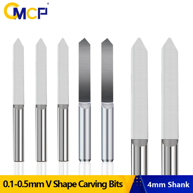 

CMCP PCB Engraving Bit 4mm Shank Tipped 0.1-0.5mm V Shape Carving Bits CNC Router Bit Flat Bottom End Mill For Woodworking