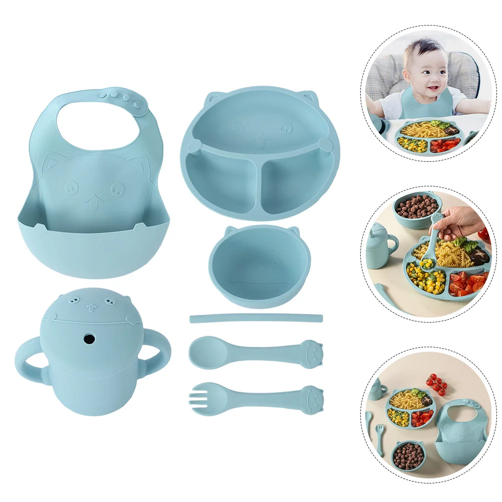 

1 Set Silicone Toddler Plate Bowl Set Cute Divided Kids Tableware With Straw Cup Spoon Fork Children Food Organizer Dinnerware