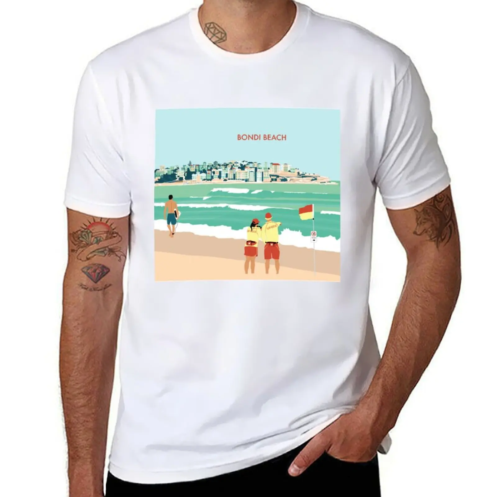 

Bondi Beach Illustration Art T-Shirt man t shirts graphic black cotton t-shirt plain for man package T-Shirt