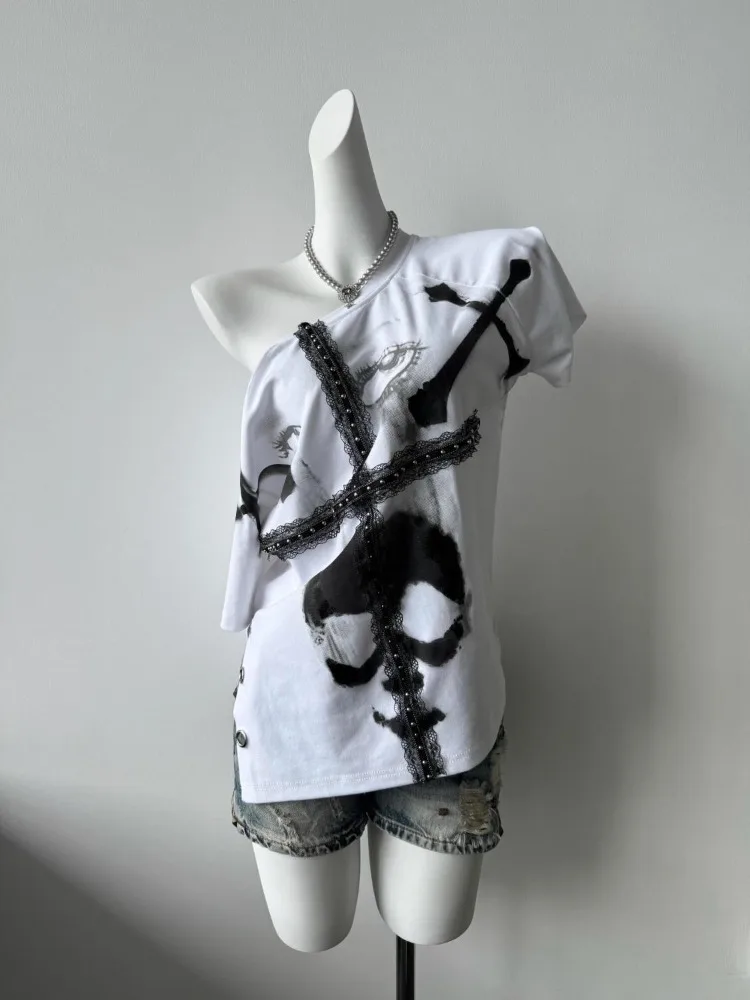 อเมริกันวินเทจแขนสั้นเสื้อยืดฤดูร้อนสาวร้อนส้อมออกแบบ Spliced Chic เสื้อ Y2k ลูกไม้ข้ามโลหะ Buttonhole ชุด 90s