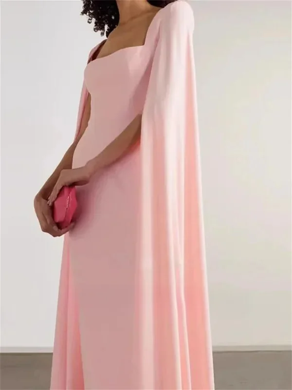 Robe de Soirée Vintage en Crêpe et Satin Rose pour Femme, Tenue Simple à Col Carré, avec Manches Cape, Idéale pour un Mariage, 2024