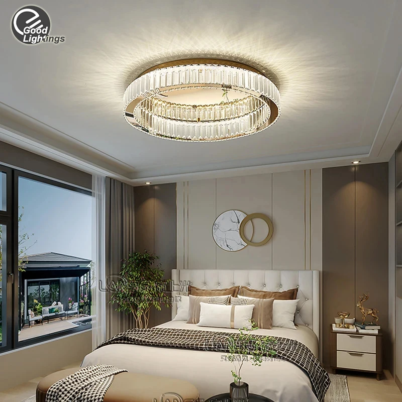 Round Crystal Led Ceiling Lamp For Bedroom Living Room Foyer Dining Room Modern Luxury Stainless Steel Crystal Ceiling Light