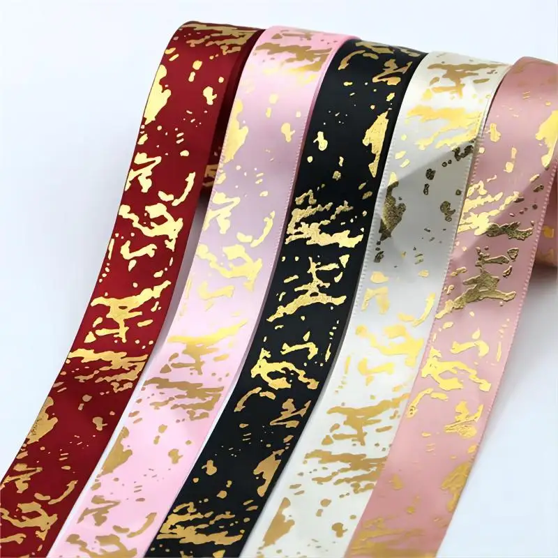 (10Yards/roll) 25mm Marble Crack Satin Ribbon Gold Foil Printed Ribbons Gift Packaging Christmas Wedding Home Sewing Decoration