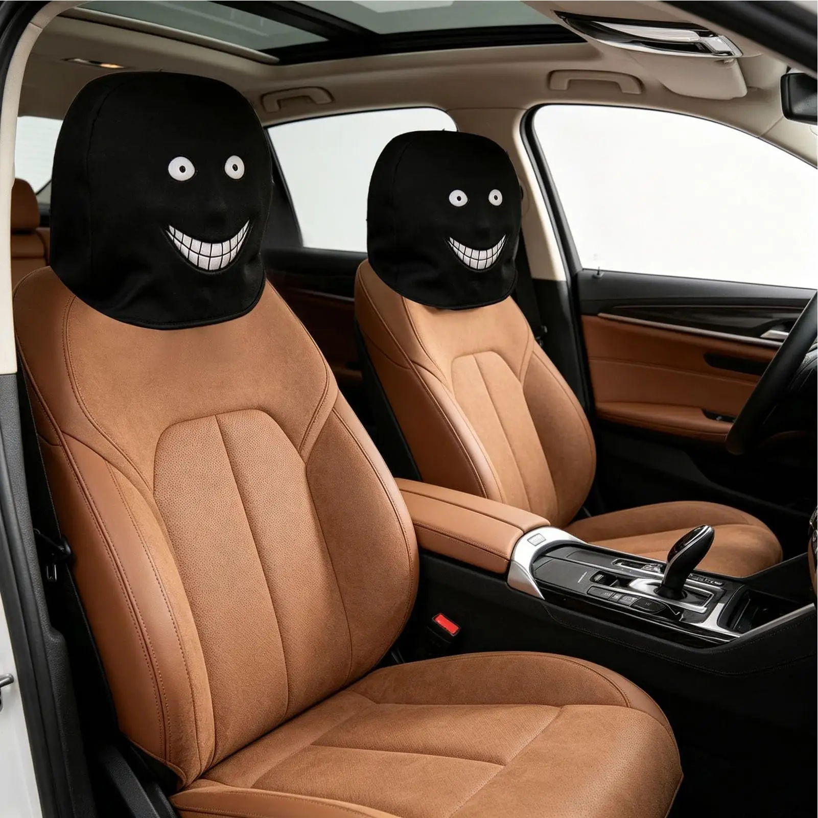 2pcs Smiley Face Printed Car Pillowcase Soft Comfortable Decorative Cushion Cover Auto Seat Headrest Washable Polyester Fabric