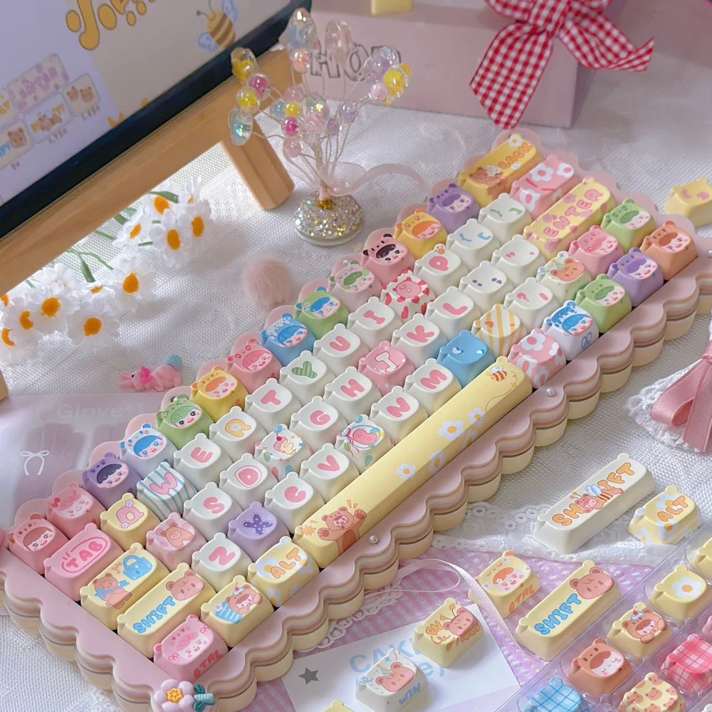 Little Bear Doll Keycap EAO Profile PBT Five Sided Sublimation Cute Bear Head Keycaps 138 Keys Macaron Mechanical Keyboard Caps