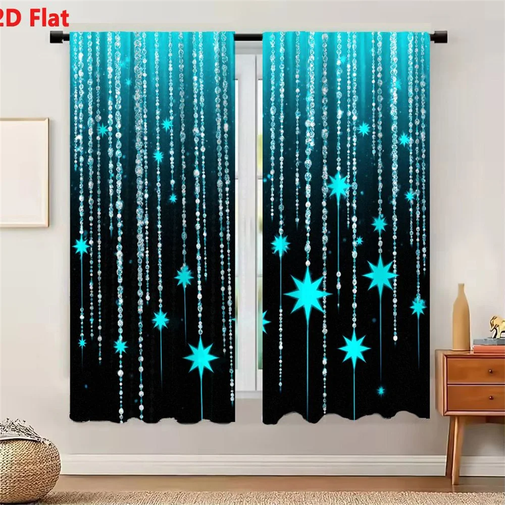 2Pcs Curtains 2D Flat Dark Blue To Black Background With Vertical White Bead Strands And Glowing Turquoise Star Decorations Wind
