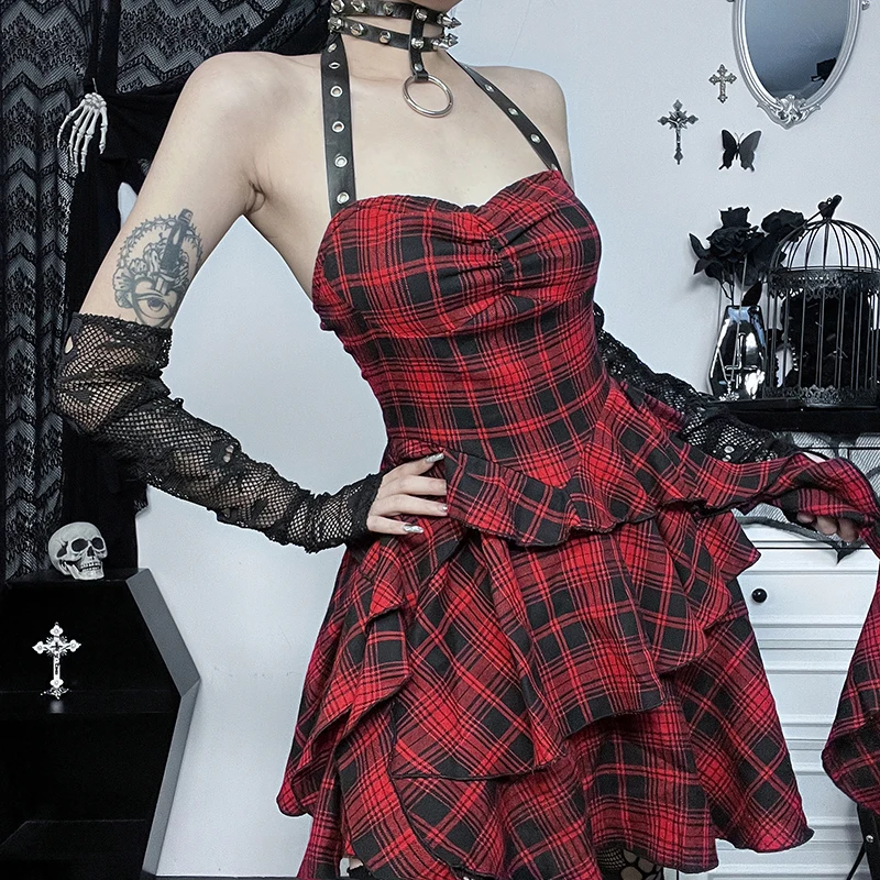 Y2K Sexy Red Plaid Backless Halter Bodycon Party Dresses Goth Aesthetic Irregular Slim A-Line Mini Dress Women Summer Streetwear