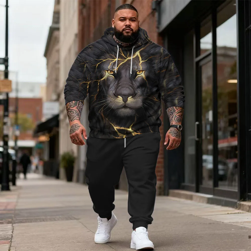

S-9xl plus size Big & Tall Men's Hoodie Set: Lion, Wolf - 2-Piece Wear, Breathable Material, Bold Animal Designs