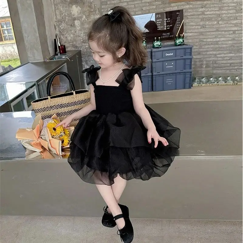 Summer Princess Party Tutu Dress With Bow Strap Baby Mesh Clothes Short Sleeve Kids Birthday Skirt Toddler Girls Tulle Dress 1-6