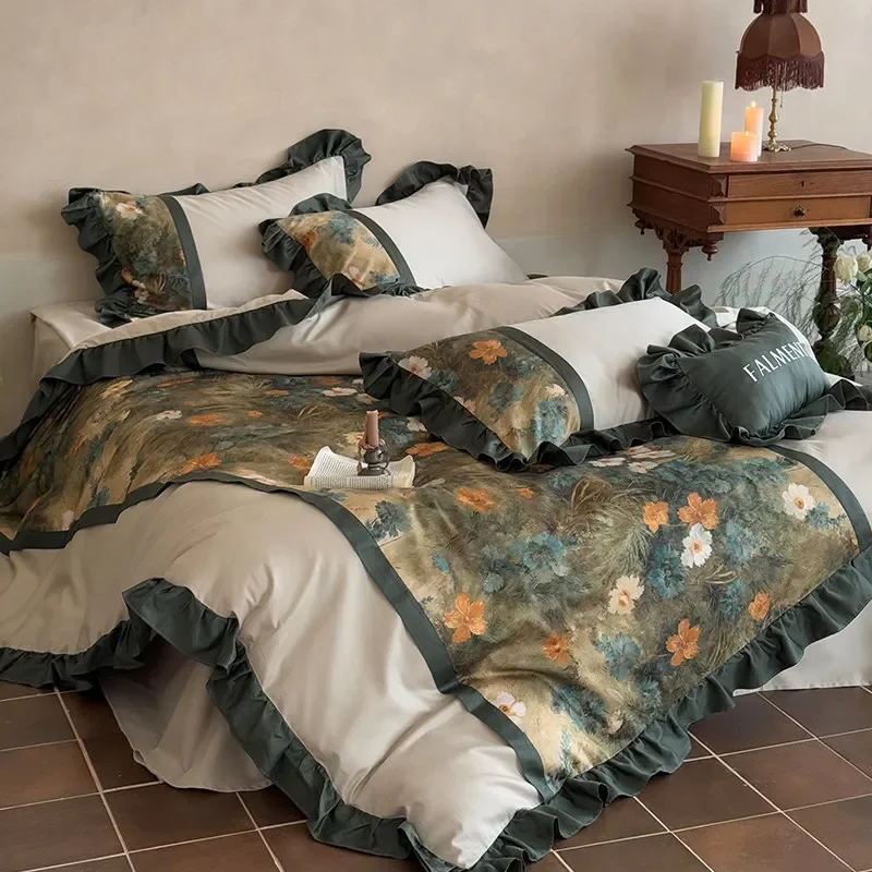 French Retro Bedroom Satin All Cotton Long Staple Cotton Four Piece Set Lace Princess Pure Cotton Duvet Cover Bed Sheet Bedding