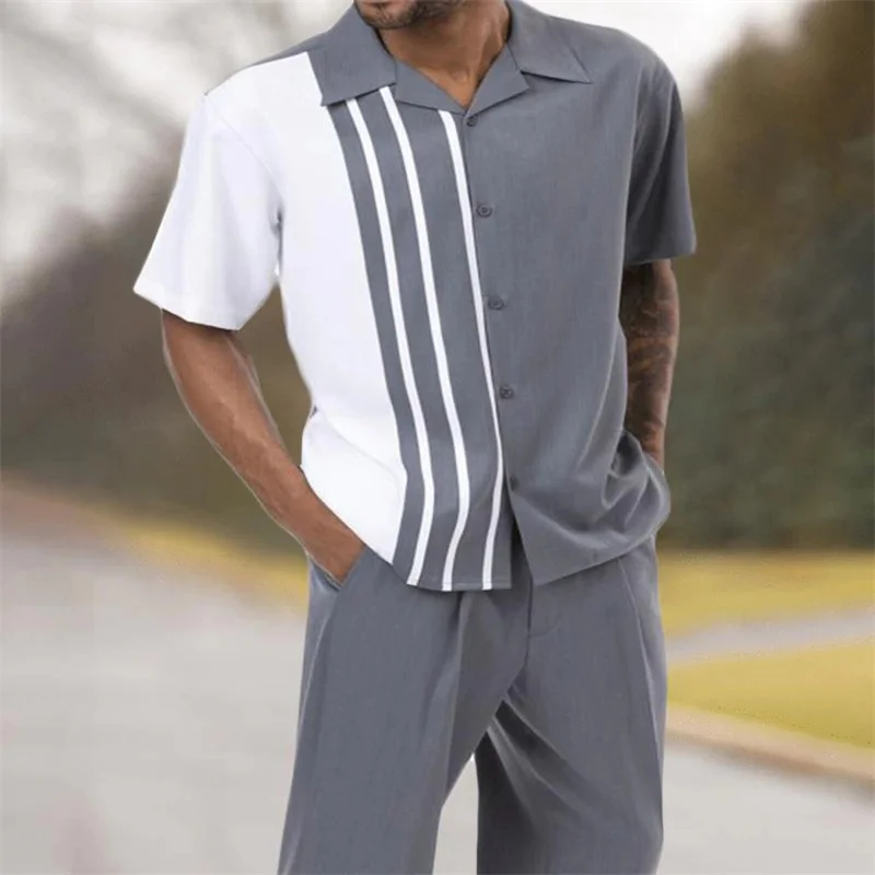 2024 Men\'s Two-piece Fashion Top + Pants Brown Vertical and Horizontal Striped Walking Suit High Quality Leisure Outdoor