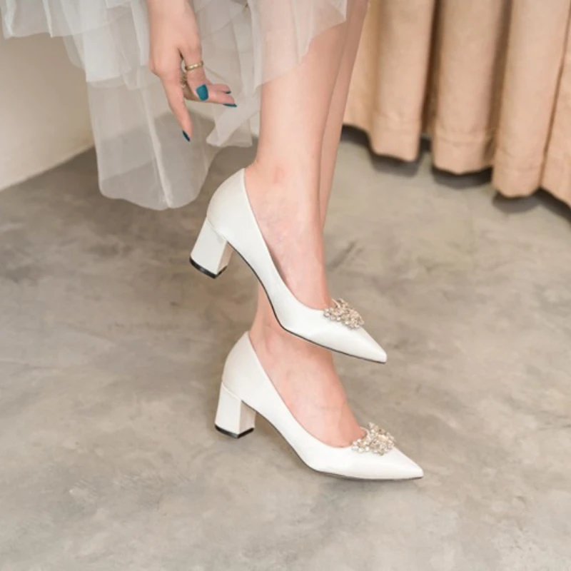 Bridal Wedding Shoes White Satin Crystal Rhinestones Chunky Heels French Design Plus Size Wedding Dress Bride Shoes