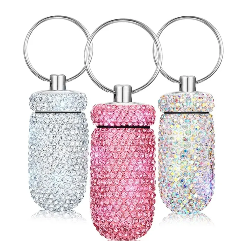 Bling Rhineston Pill Container Portable Pill Bottle Case Waterproof Travel Medicine Box Beautiful Holder Storage with Keychain