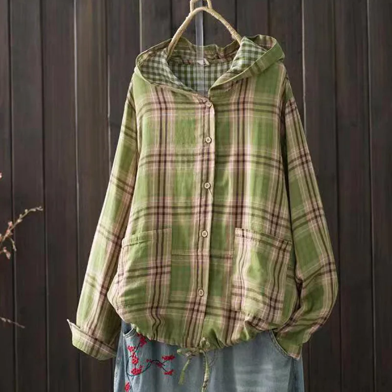 

Hooded Jacket Double Layered Checked Jacket Oversized Artistic Casual Jacket Lightweight Breathable Comfortable Jackets