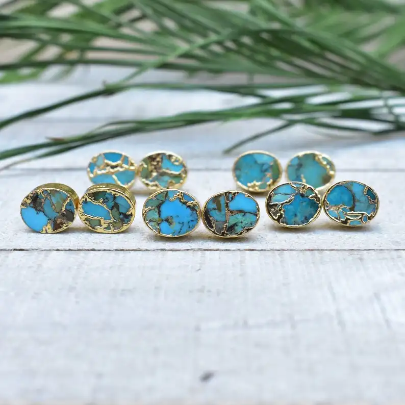 

Oval Mosaic Turquoise Stud Earrings Women Blue Boho Jewelry Christmas Bridesmaid Gift