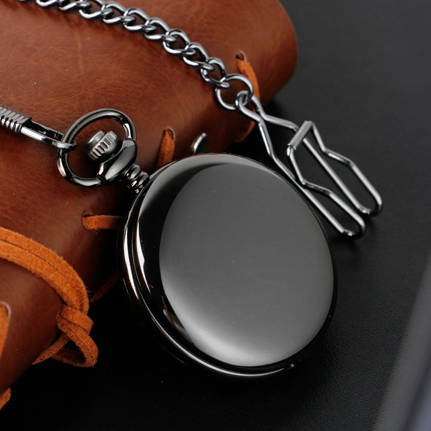 Black Polish Smooth Quartz Pocket Watch Antique FOB Necklace Chain Pendant Vintage Arabic Numerals Fullmetal Mens Watches