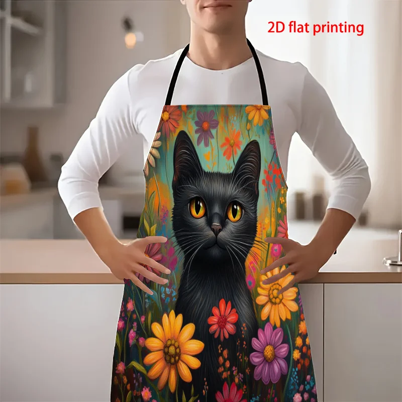 2D Flat, Stylish Black Cat & Floral Print Apron - Vibrant 2D Flat Design, Polyester, Adjustable Neck Straps, Perfect For Kitchen