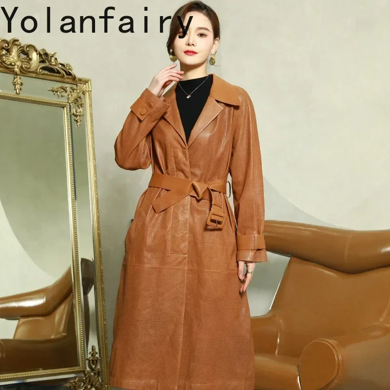 YOLANFAIRY سترة جلدية حقيقية النساء الملابس جلد الغنم خندق معطف موضة السيدات حزام سترة واقية متوسطة الإناث سترة جلدية
