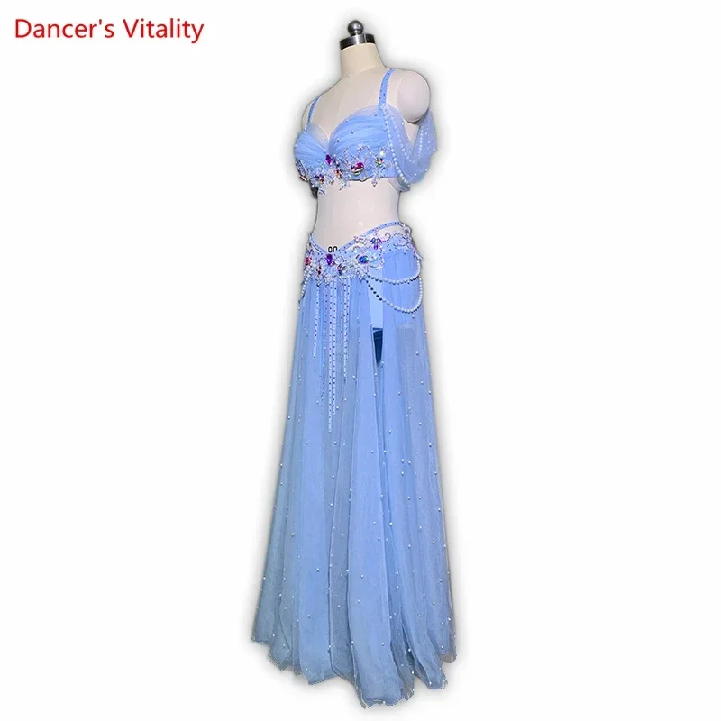 Belly Dance Performance Set for Women Original Team Competition Suit Pearl Bra+long Skirt 2pcs  Customized Belly Dancing Wear