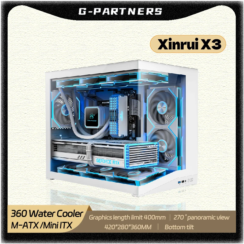 G-PARTNERS Xinrui X3 MATX/Mini-ITX 360 Water Cooler PC Case Sea View Room Bottom Tilted Computer Chassis gabinetes gamer
