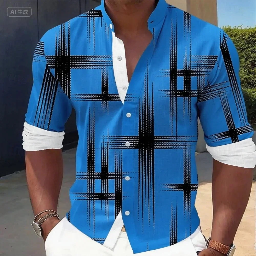 Men's Gradient Graphic Contrast Color 3D Print Casual Long Sleeve Lapel Button Shirt Men's Slim and Simple Business Top